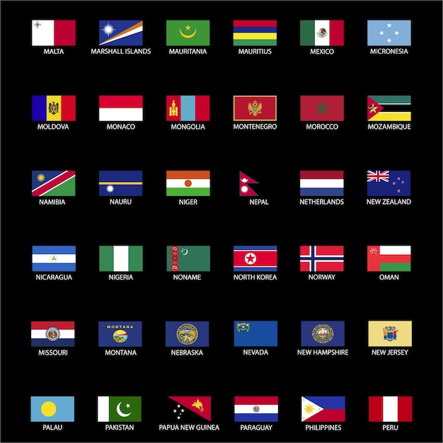 Coleção de bandeiras de países do mundo com nomes