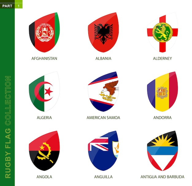 Coleção de bandeiras de rugby ícone de rugby com bandeira de 9 países afeganistão albânia alderney argélia samoa americana andorra angola anguilla antígua e barbuda