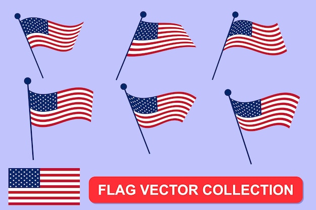 Coleção de bandeiras dos Estados Unidos com paus de madeira flutuando na bandeira do vetor do elemento vento