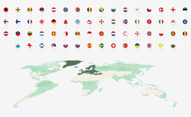 Coleção de bandeiras europeias Desenho de ícones de pinha azul Bandeiras europeias minimalistas e mapa do mundo