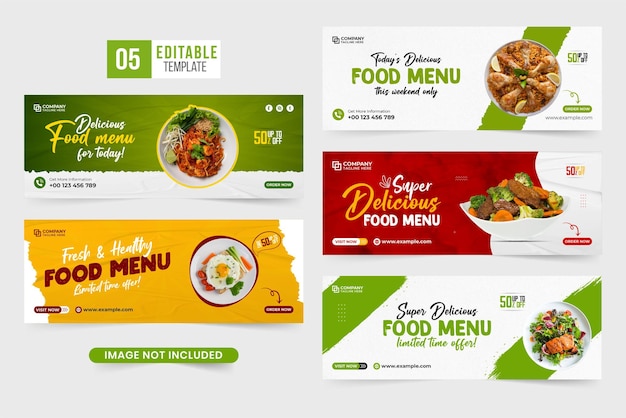 Coleção de banner promocional de menu de comida deliciosa para capa de mídia social Pacote de modelo de banner de menu de comida especial com formas abstratas e efeitos de pincel Conjunto de modelo de pôster promocional de comida
