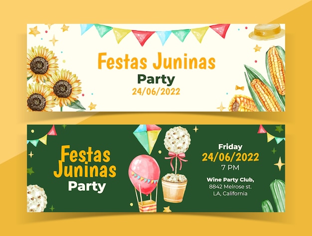 Coleção de banners horizontais em aquarela festas juninas