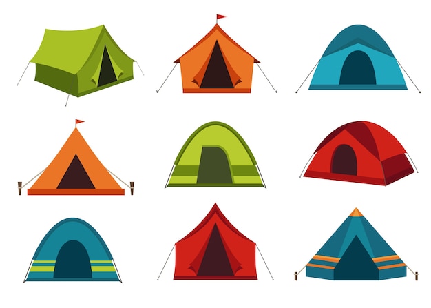 Vetor coleção de barracas de camping isoladas no fundo branco.