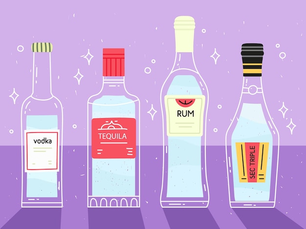 Vetor coleção de bebidas alcoólicas. garrafas na mesa. vodka whisky brandy gin rum. ilustração vetorial