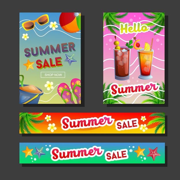 Vetor coleção de bebidas e praia de venda verão banner