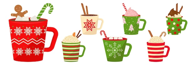 Vetor coleção de bebidas quentes de natal de inverno xícaras de férias com café, chocolate e creme gingerbread man cookie candy cane lollipop marshmallows ilustração vetorial