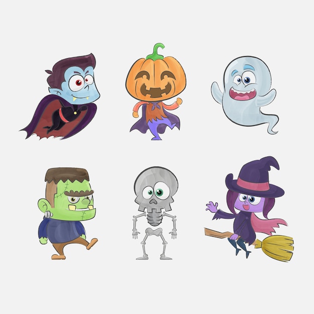coleção de belas personagens de halloween em aquarela