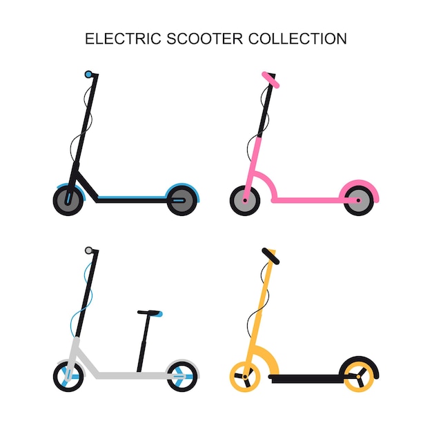 Coleção de bicicletas elétricas e scooters em estilo simples. conjunto de transporte pessoal ecológico. vetor.