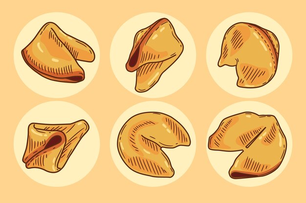 Coleção de biscoitos da sorte com design plano desenhado à mão