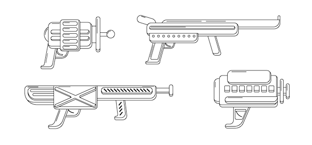 Coleção de blasters de arte vetorial linha conjunto de arma de brinquedo para colorir. design de arma futurista