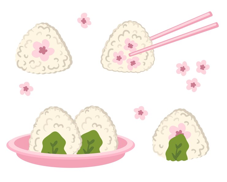 Vetor coleção de bolas de arroz sakura onigiri japonesas perfeito para adesivos, cartazes, cardápio e artigos de escritório