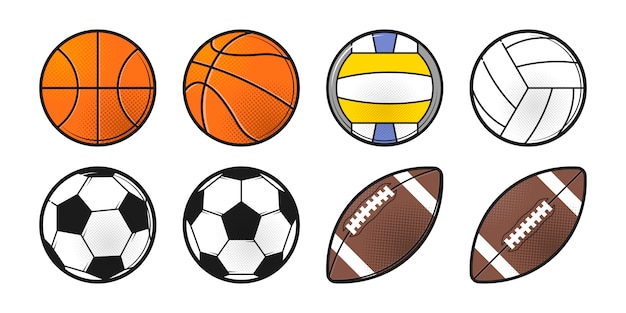 um conjunto esportivo brilhante com a imagem de bolas para jogar vôlei,  basquete, futebol, futebol americano. bolas para jogos esportivos.  ilustração vetorial isolada em um fundo branco 15113639 Vetor no Vecteezy