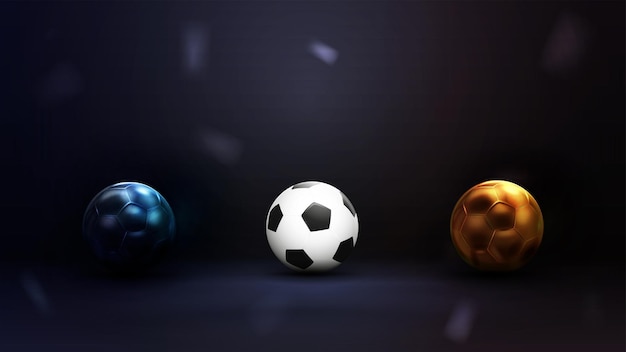 Coleção de bolas de futebol isoladas em fundo escuro Conjunto de bolas de futebol