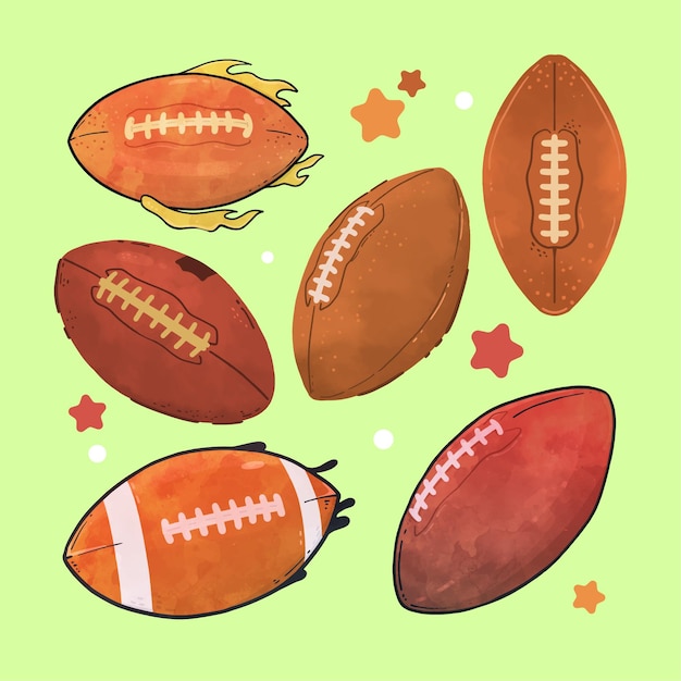 Coleção de bolas de rugby em aquarela desenhadas à mão