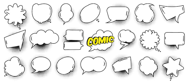 Vetor coleção de bolha de fala em quadrinhos dos desenhos animados conjunto de bolha de fala em quadrinhos com meio-tom coleção de nuvem em quadrinhos quadro de bolha de fala em quadrinhos