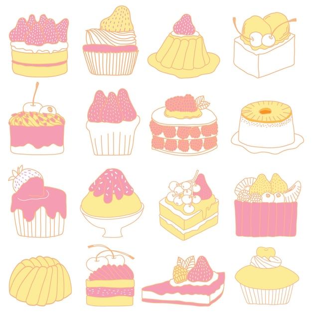 Coleção de bolo doce de arte de doodle desenhado à mão e sobremesa em tom amarelo e rosa