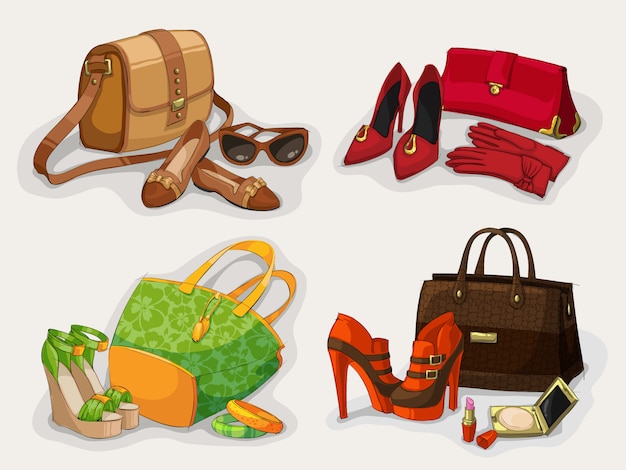 Vetor coleção de bolsas de mulheres sapatos e acessórios