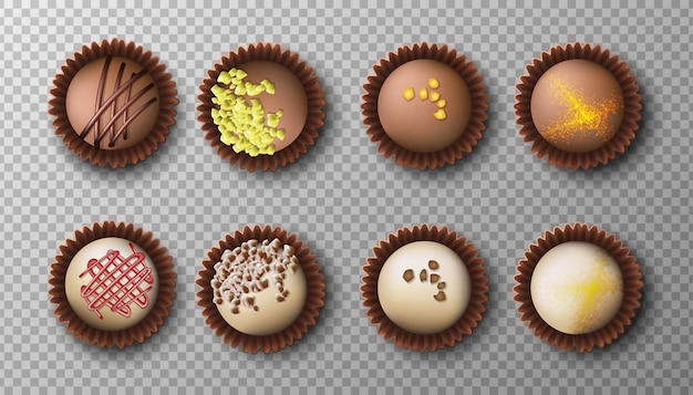 Coleção de bombons de chocolate em preto e branco com diferentes coberturas. vista superior, isolada icon ilustração.