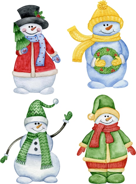 Coleção de bonecos de neve bonitos. ilustração em aquarela de inverno para crianças. clipart de personagem de desenho animado de natal.