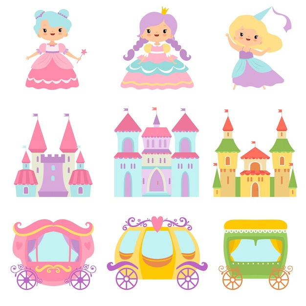 Coleção de bonitas princesas castelos mágicos carruagens de contos de fadas reinos de fantasia ilustração vetorial de desenho animado em fundo branco