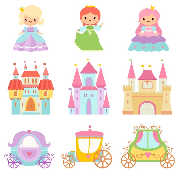 Coleção de bonitinhas princesas castelos mágicos carruagens de contos de fadas ilustração vetorial de desenho animado em fundo branco