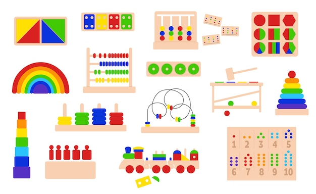 Coleção de brinquedos lógicos educativos de madeira para jogos montessori. sistema montessori para o desenvolvimento da primeira infância. conjunto de objetos de vetor em um fundo branco.