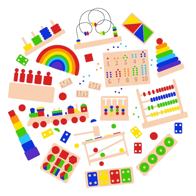 Coleção de brinquedos lógicos educativos de madeira para jogos montessori. sistema montessori para o desenvolvimento da primeira infância. conjunto de objetos de vetor em um fundo branco.