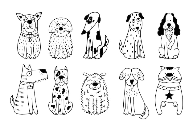 Coleção de cães bonitos Conjunto de 10 animais de estimação doodle em um fundo branco