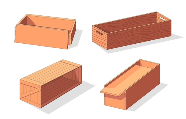 Coleção de caixa de madeira isométrica
