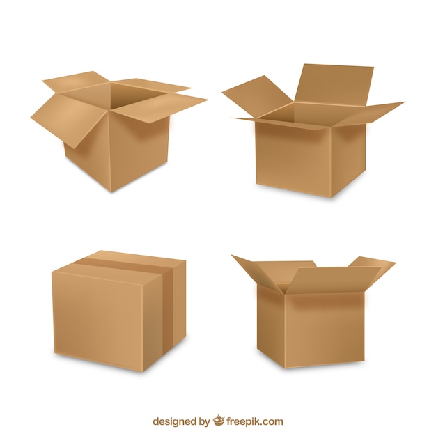 Coleção de caixas de papelão em estilo realista