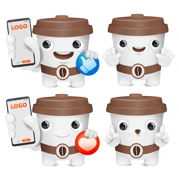 Coleção de caracteres de emoji de desenho de xícara de café.