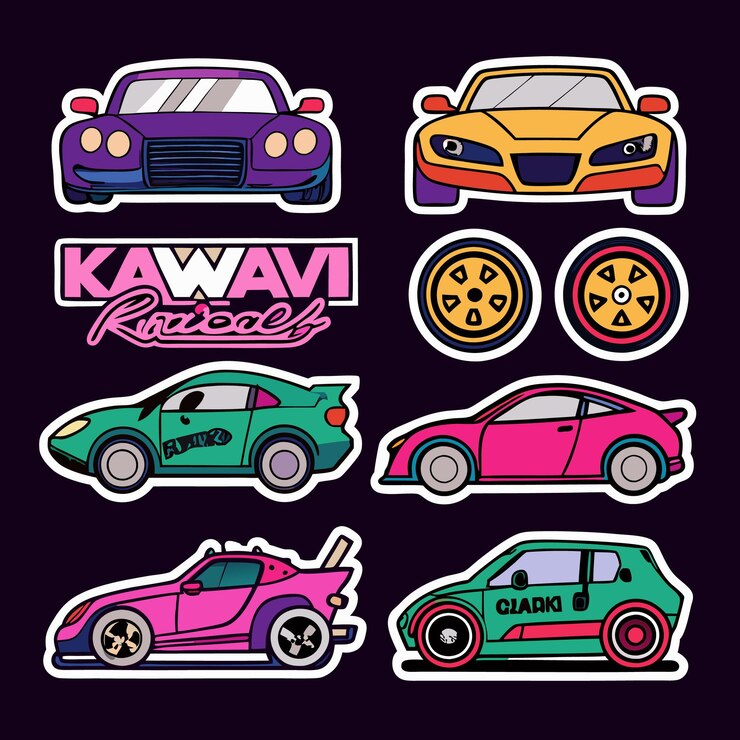 Vetor coleção de carros de desenho animado kawaii em diferentes cores e estilos, alguns com contornos brancos e jantes com detalhes
