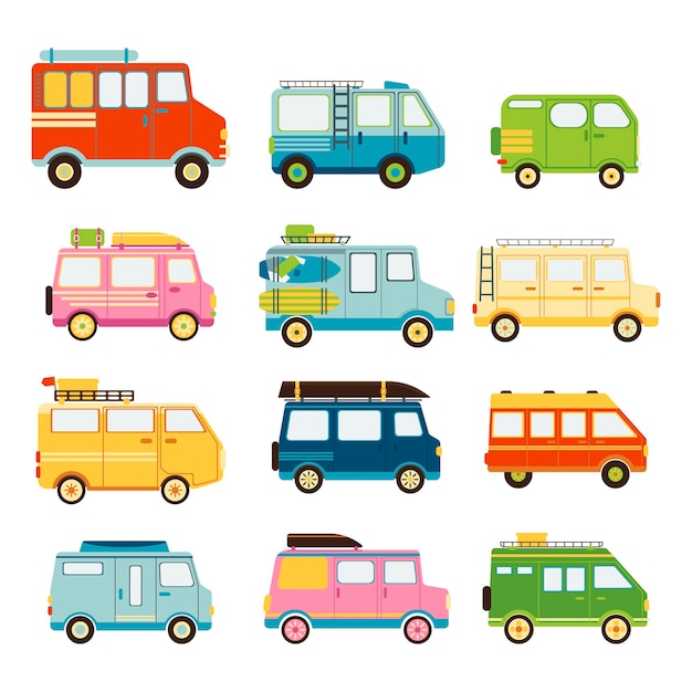 Coleção de carros para viagens isoladas no fundo branco. ilustração em vetor em estilo simples.