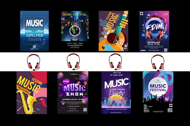Coleção de cartazes de festivais de música e eventos