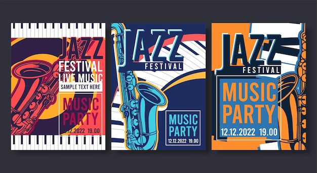 Vetor coleção de cartazes de jazz modelos de folheto em design plano