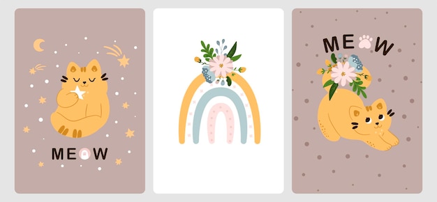 Coleção de cartões com arco-íris de gatos fofos e flores em estilo escandinavo de desenho animado Para férias infantis para um recém-nascido