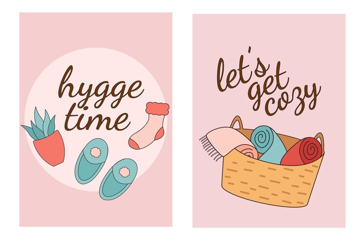 Vetor coleção de cartões de elemento de casa aconchegante conceito de conforto e aconchego estilo hygge escandinavo