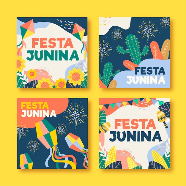 Coleção de cartões de festa junina desenhada à mão