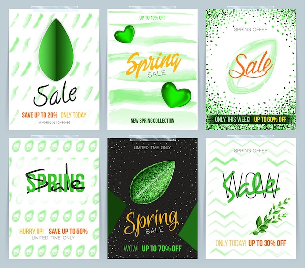 Coleção de cartões de venda de primavera e outros modelos de panfleto com folha verde