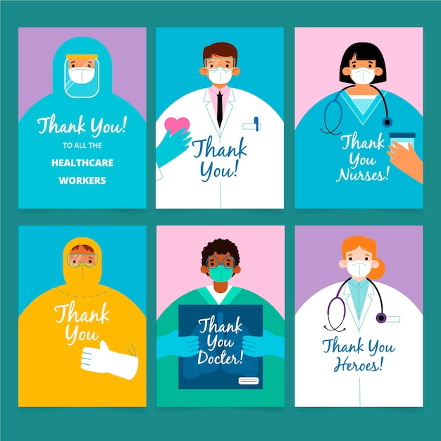 Coleção de cartões postais de agradecimento plana orgânica, médicos e enfermeiras