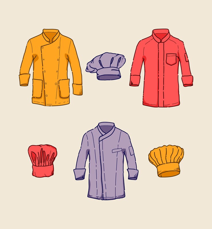 Vetor coleção de casaco de chef desenhado à mão e conjunto de chapéus de chef