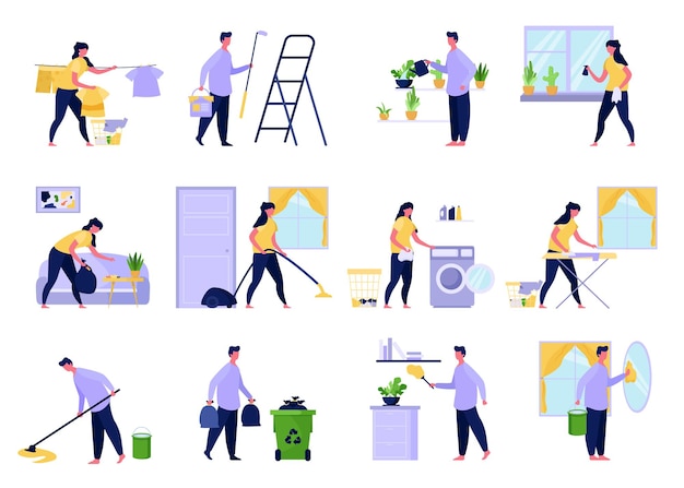 Coleção de casal fazendo trabalho doméstico. Conjunto de homens, mulheres (marido, esposa) Secando roupas, pintando, regando, limpando vidros, recolhendo lixo, aspirando, lavando, passando, esfregando, jogando lixo, espanando