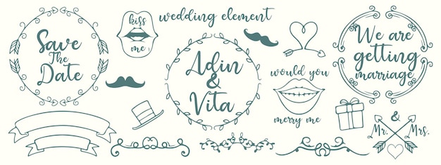 Coleção de casamento de rabiscos desenhados à mão ilustração vetorial ícones de casamento esboçados para o amor do dia do casamento e eventos românticos noiva noivo coração cupido anel de noivado convite triciclo