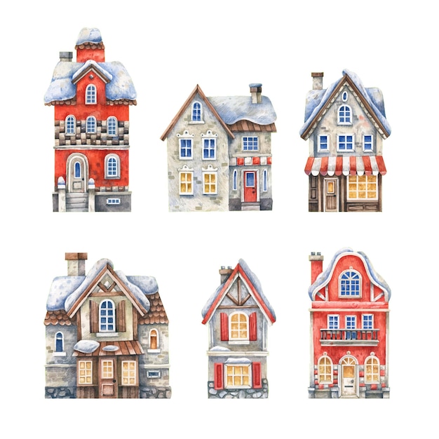 Coleção de casas vintage europeias cobertas de neve desenhadas em aquarela