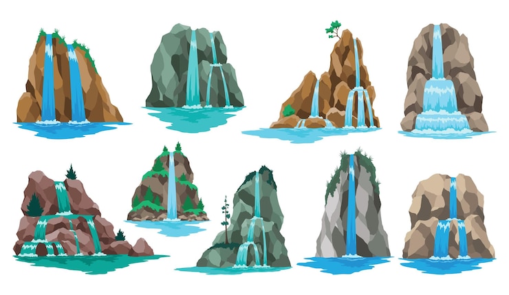 Vetor coleção de cascatas de rios de desenho animado paisagens com montanhas e árvores elementos de design para brochura de viagem ou jogo móvel de ilustração água natural fresca