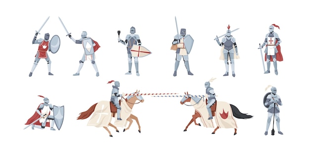 Vetor coleção de cavaleiros. pacote de guerreiros segurando espada, escudo, maça ou lutando na batalha isolada no fundo branco. conjunto de heróis medievais vestindo armadura. ilustração em vetor plana dos desenhos animados.