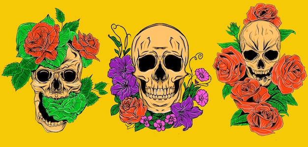 coleção de caveiras de flores