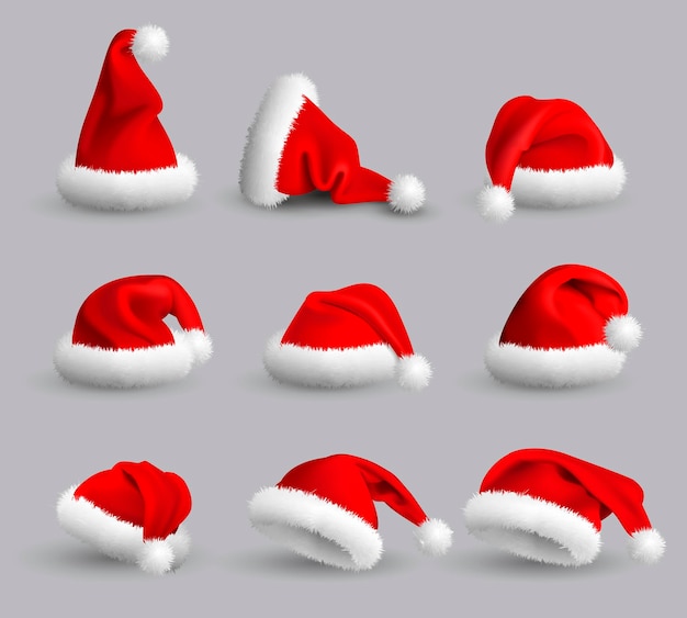 Coleção de chapéus de Papai Noel vermelhos isolados em fundo cinza definir ilustração vetorial realista