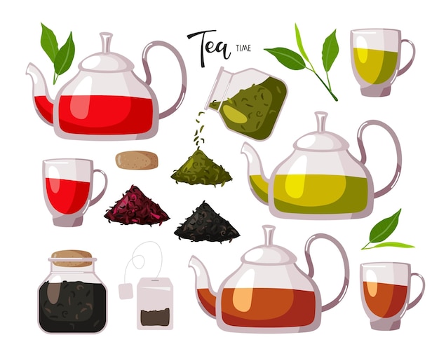 Coleção de chás diferentes, chá verde, preto e vermelho. Copos de vidro, bules com chá, folhas secas de ervas