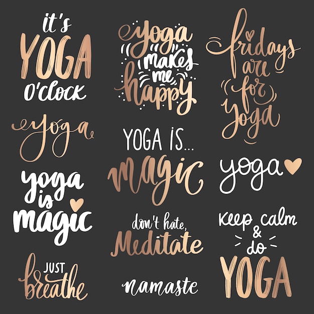 Vetor coleção de citações de ioga dourada sobre fundo escuro. slogan definido sobre calma, respiração, meditação.